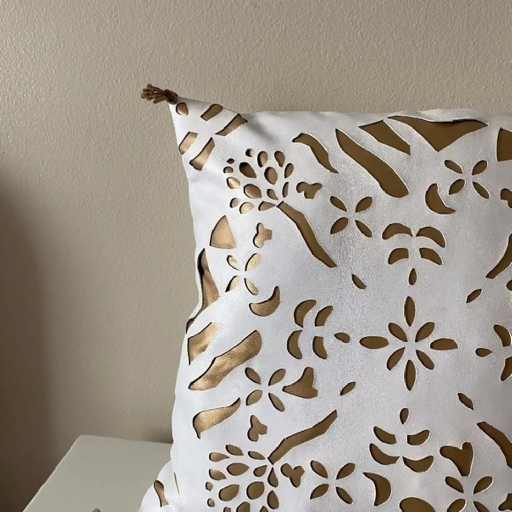 Anthropologie White Leather Gold Inlay Pillow